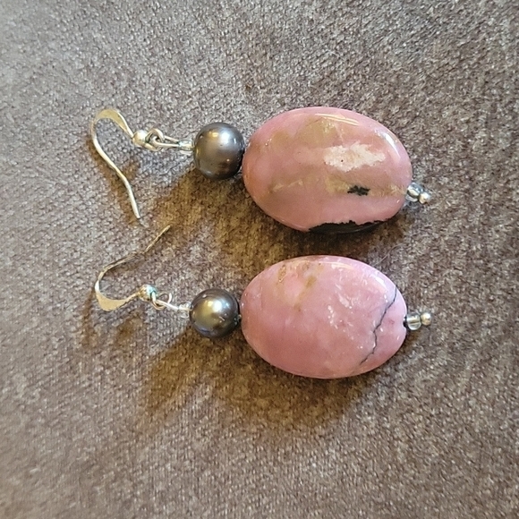3/$30 HANDMADE Pearl Rhodochrosite Oval Dangle Hook Earrings - Picture 4 of 5